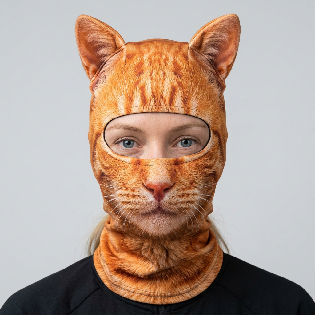 SNOUTGANG ginger cat animal ski mask worn front view