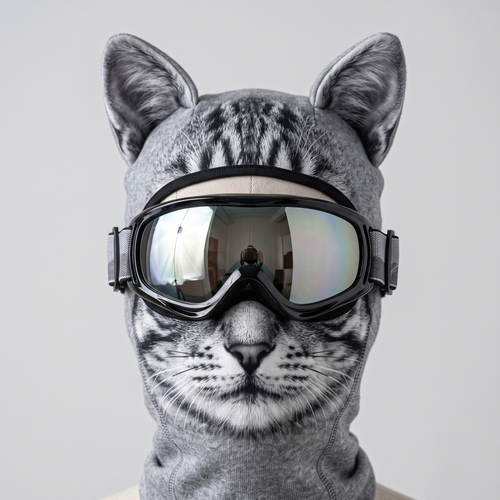 SNOUTGANG tabby cat ski mask with ski goggles over the eyes